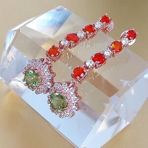 Natural Fire Opal, Peridot & CZ 925 Sterling Silver Earrings